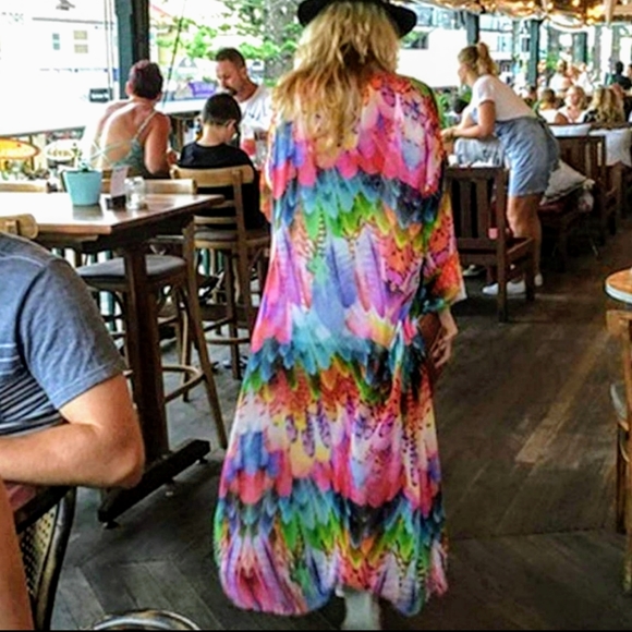 New Rainbow Feather Swim Cover Up Kimono Duster - Picture 5 of 10